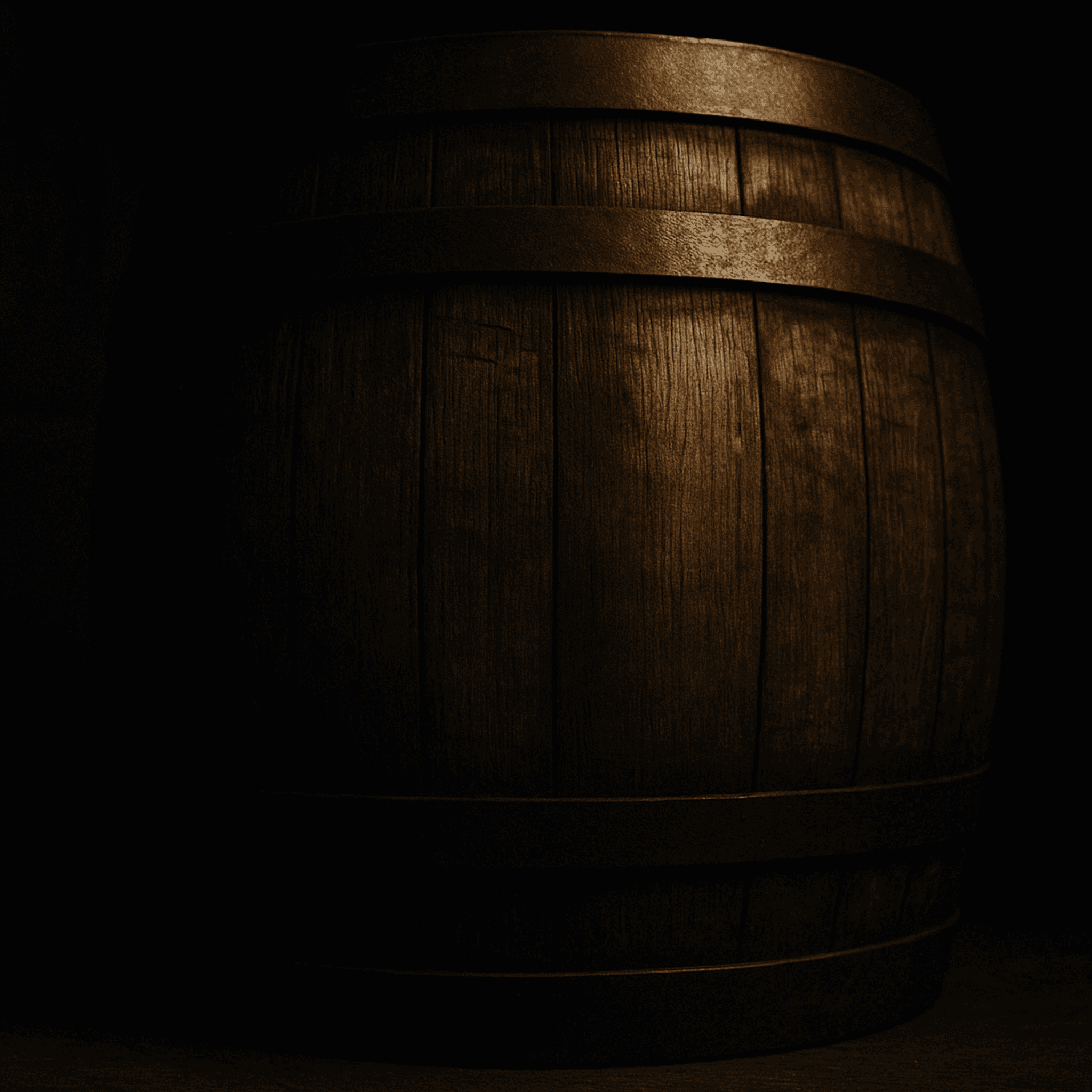 Rows of oak whisky casks aging in a distillery warehouse
